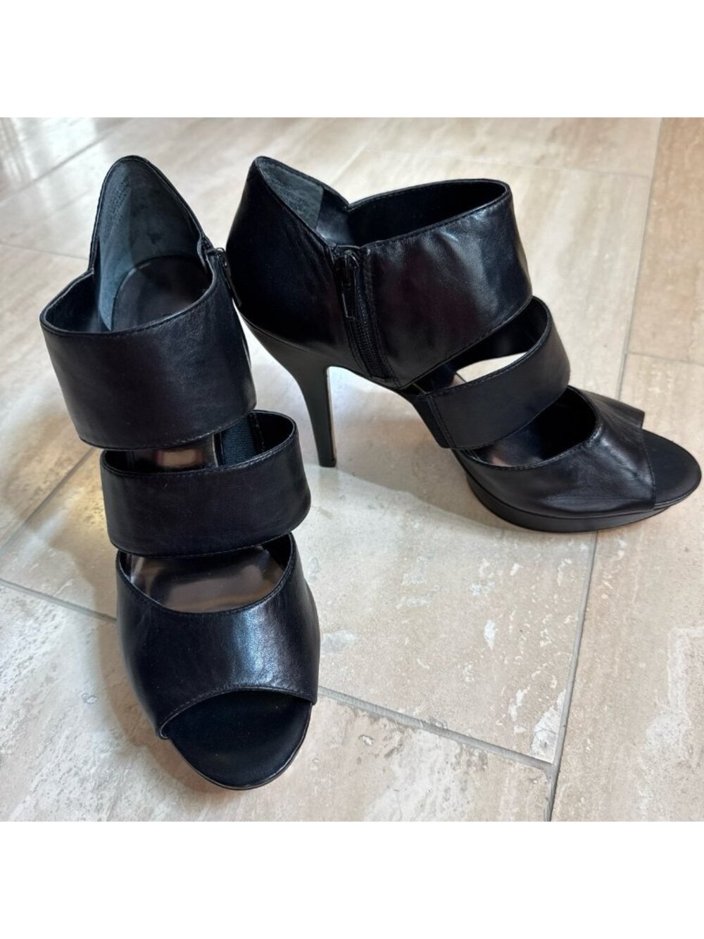 NEW Nine West Black Leather Strappy Platform Stiletto, sz 10